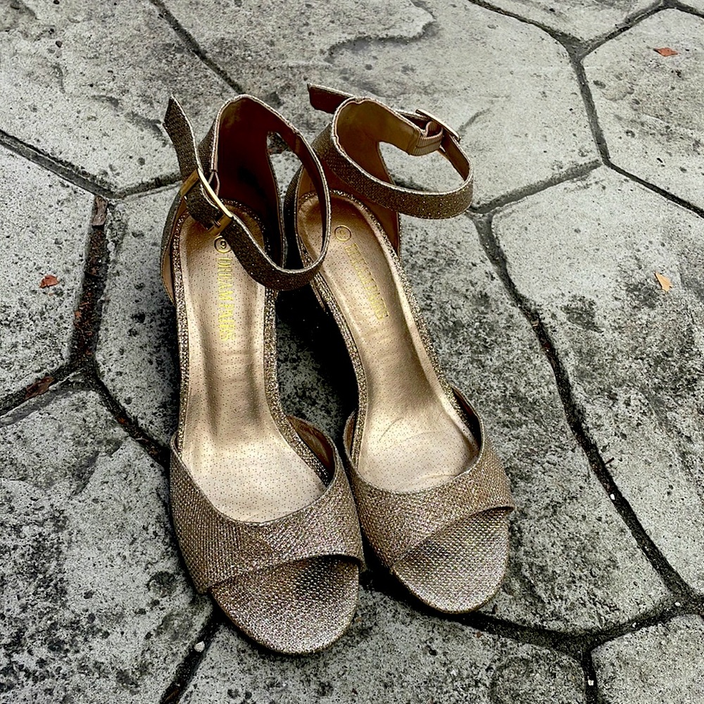 Glittery Gold Sling Back Low Chunk Heels (around the ankle strap)